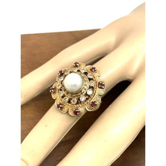 Pearl Ruby Diamond Women's Cocktail Ring 14k Yellow Gold Vintage Estate Size 5.5 - Picture 13 of 14